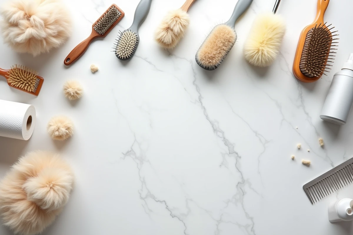 Vue en flat-lay de brosses et accessoires de toilettage pour chien posés sur un comptoir en marbre blanc