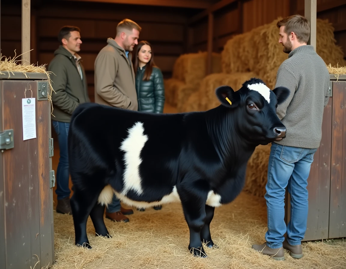 Famille envisageant l'achat d'une mini vache Belted Galloway dans une étable familiale