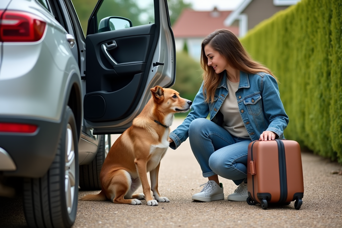 Femme disant au revoir à son chien dans une allée de banlieue