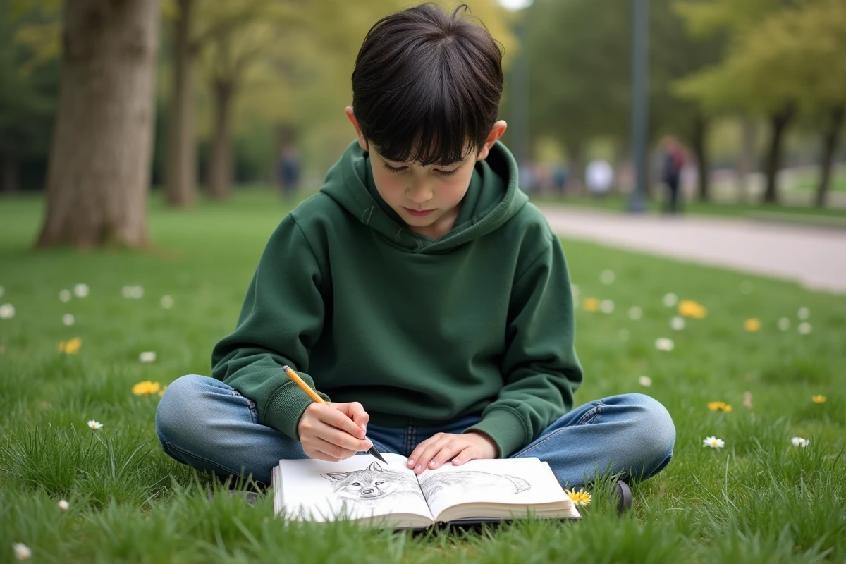 Adolescent dessinant un loup dans un parc en plein air