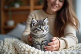Jeune femme tenant tendrement un chaton British Shorthair bleu dans ses mains, assise dans un salon chaleureux