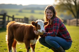 Femme adoptant une mini vache Highland dans un pré verdoyant avec clôture en bois rustique
