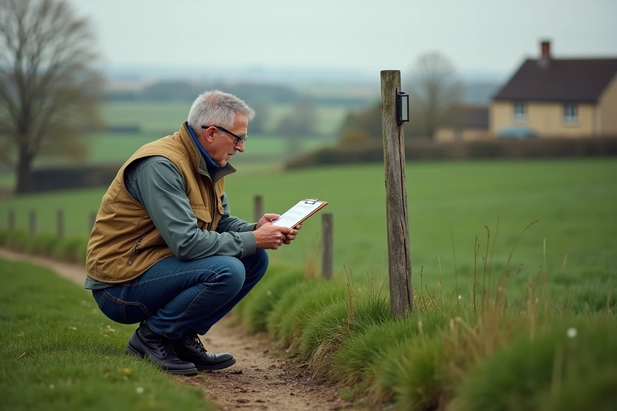 Agent municipal en milieu rural consultant un document près d'une haie bocagère, illustrant le cadre réglementaire lié à la gestion du renard en France