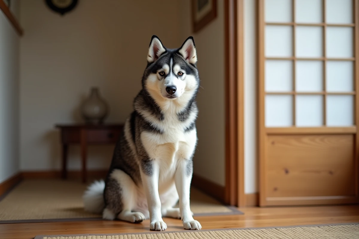 Jeune Akita Inu femelle bringée bleue assise sur un tatami à l'intérieur d'une maison au décor japonais épuré