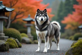 Akita Inu bringé bleu adulte en position debout dans un jardin japonais avec des lanternes en pierre et des érables en automne