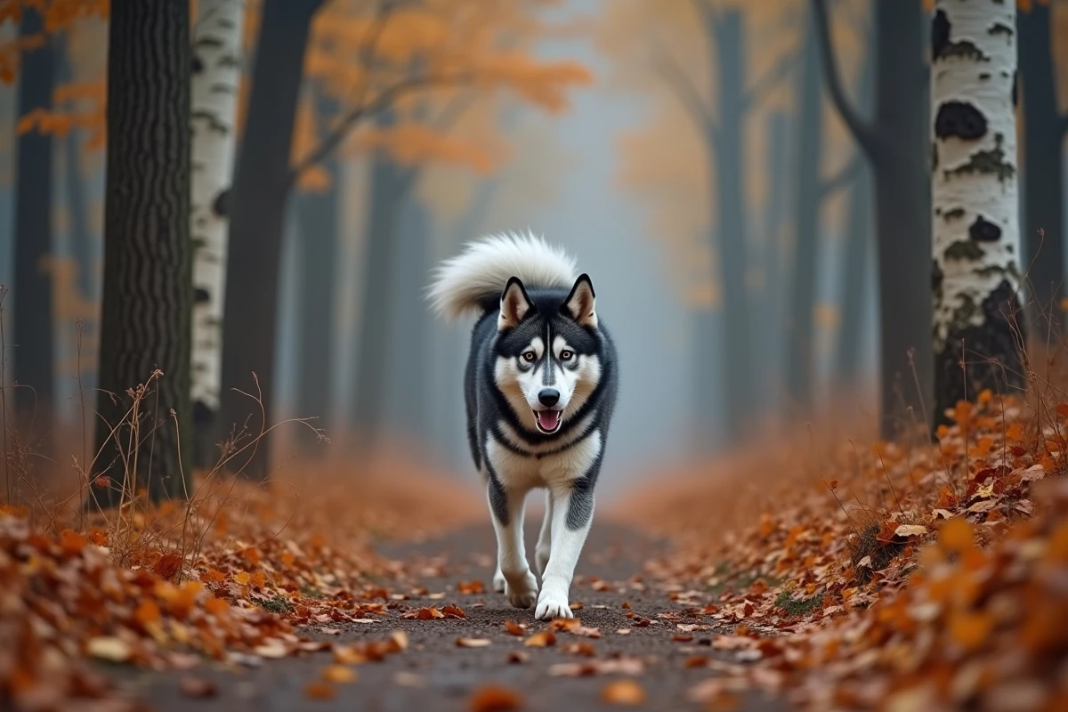 Akita Inu mâle bringé bleu en train de marcher sur un sentier forestier en automne avec des feuilles tombées au sol