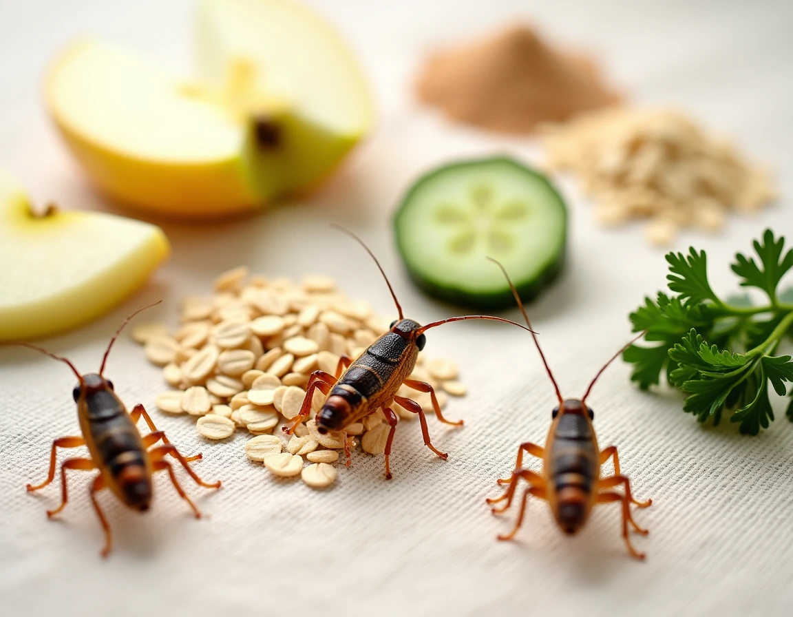 Assortiment de nourriture saine pour grillons disposée à plat sur lin naturel avec deux grillons en train de se nourrir