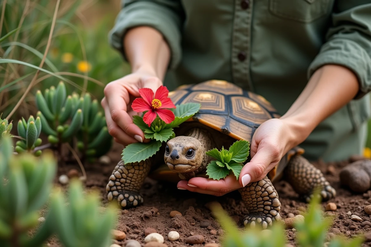 Mains d'une femme déposant des feuilles de plantain et des fleurs d'hibiscus dans un jardin extérieur aménagé pour tortues terrestres