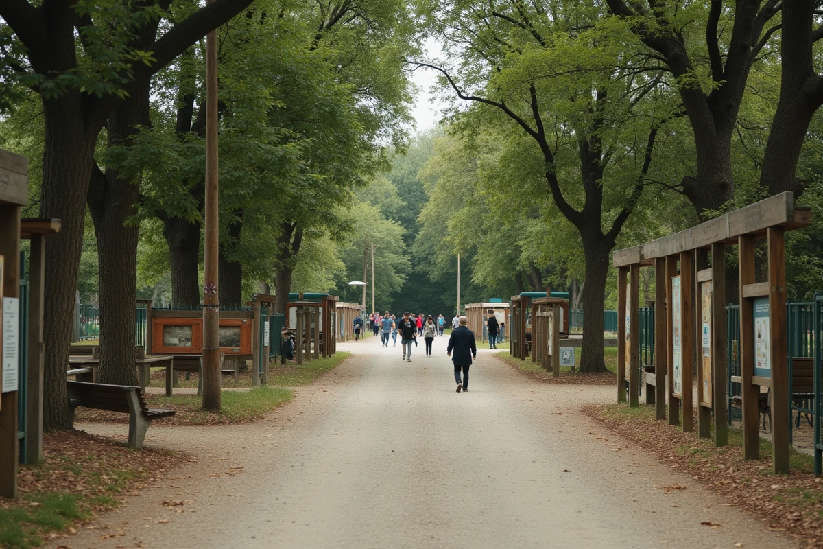 Allée principale du zoo d'Annecy avec visiteurs se promenant sous les arbres