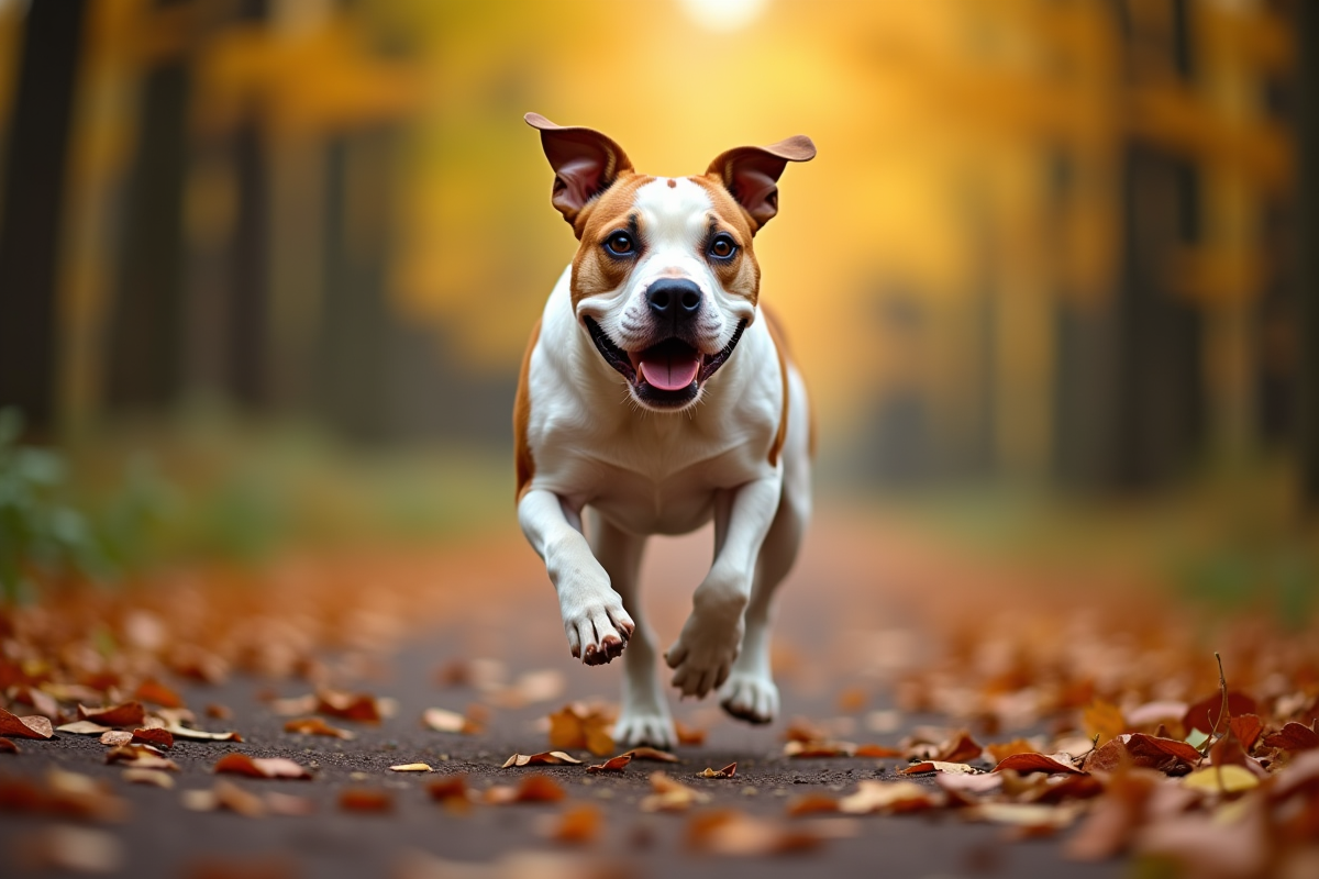 American Bulldog courant sur un chemin forestier en automne