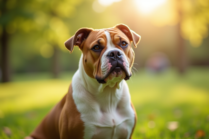 American Bulldog assis dans un parc ensoleille