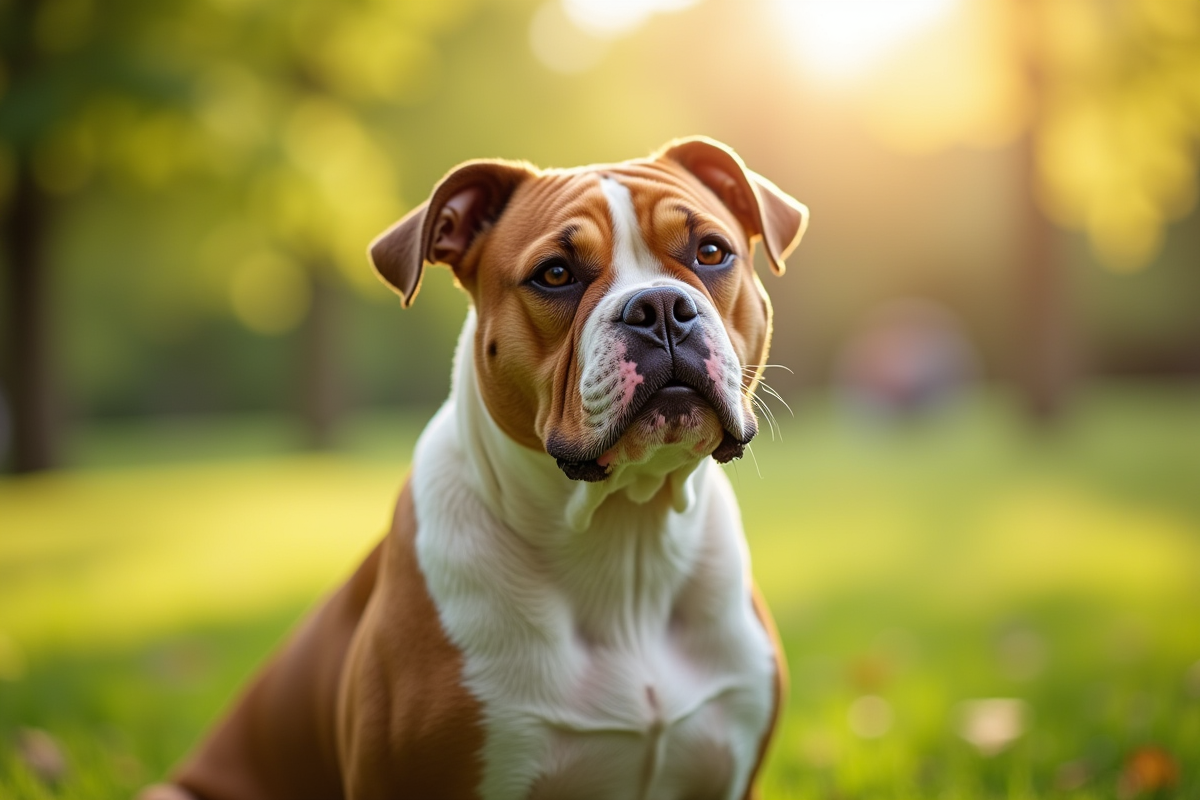 American Bulldog assis dans un parc ensoleille