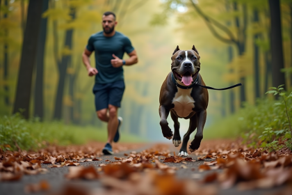 Chien American Bully en course dans la forêt au matin