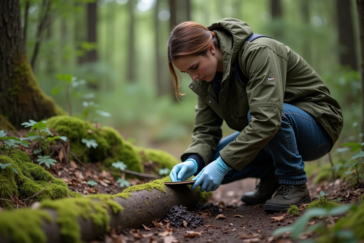 Chercheur analysant des crottes de fouine en forêt pour identifier les nuisibles associés
