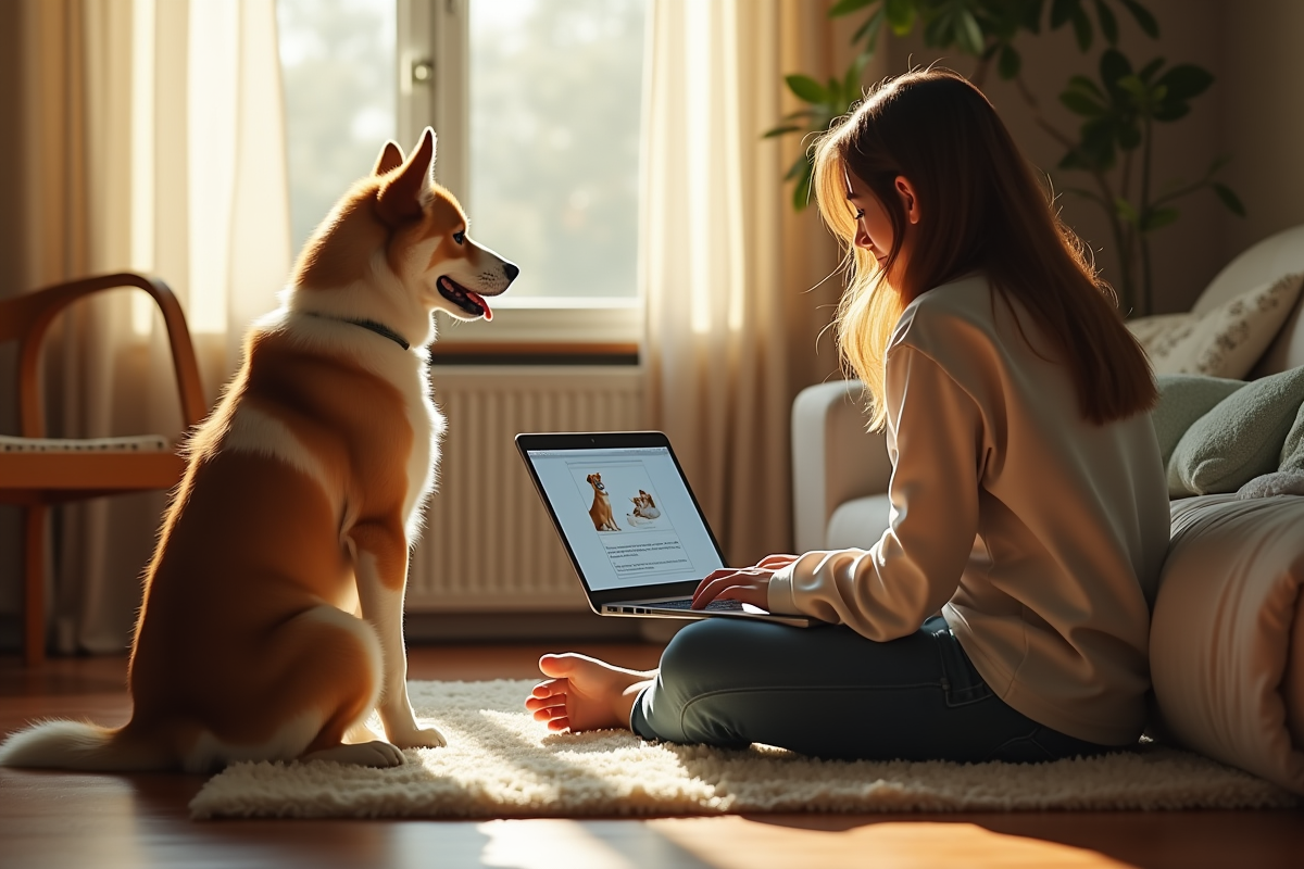 Personne étudiant en ligne avec un chien dans un intérieur chaleureux