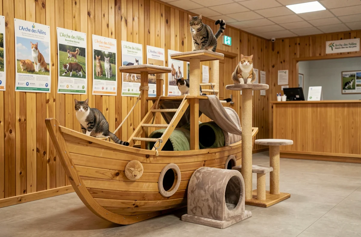 Trois chats de races différentes perchés sur un grand arbre à chat en forme d'arche en bois dans la pension L'Arche des Félins