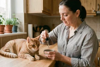 Femme administrant de l'argent colloïdal à un chat roux à l'aide d'un compte-gouttes en verre dans une cuisine moderne