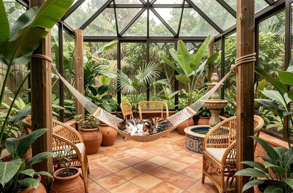Deux chats de refuge font une sieste ensemble dans un hamac entouré de plantes tropicales dans la pension Au Paradis des Chats