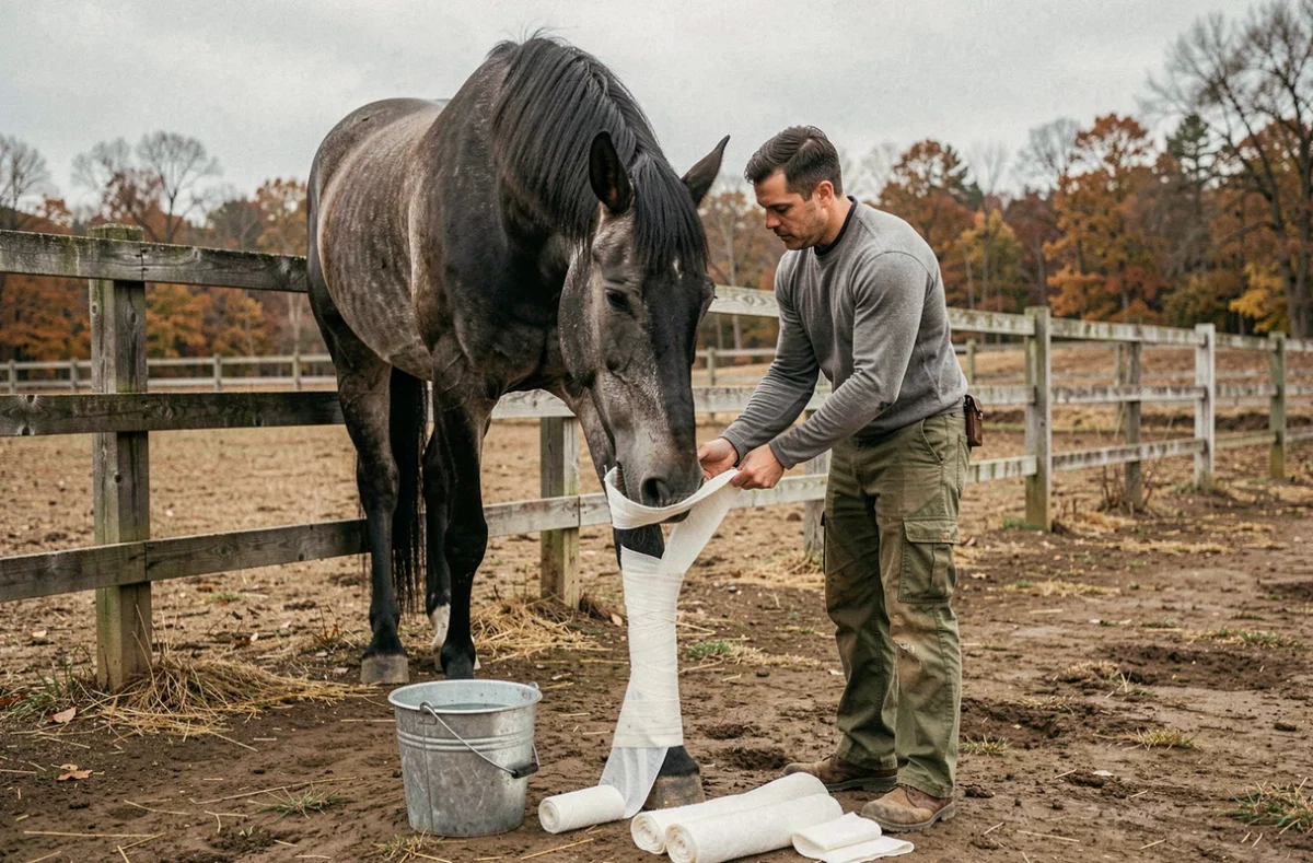 Propriétaire bandant les membres d'un cheval pour traiter un engorgement après transport, paddock automnal