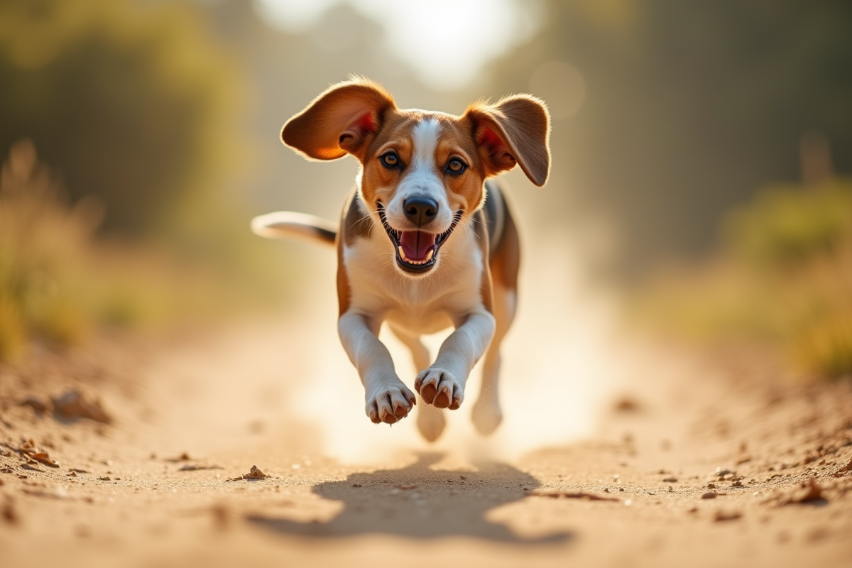 Beagle en action courant sur un chemin sableux