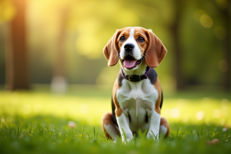 Beagle assis attentivement dans un parc ensoleille