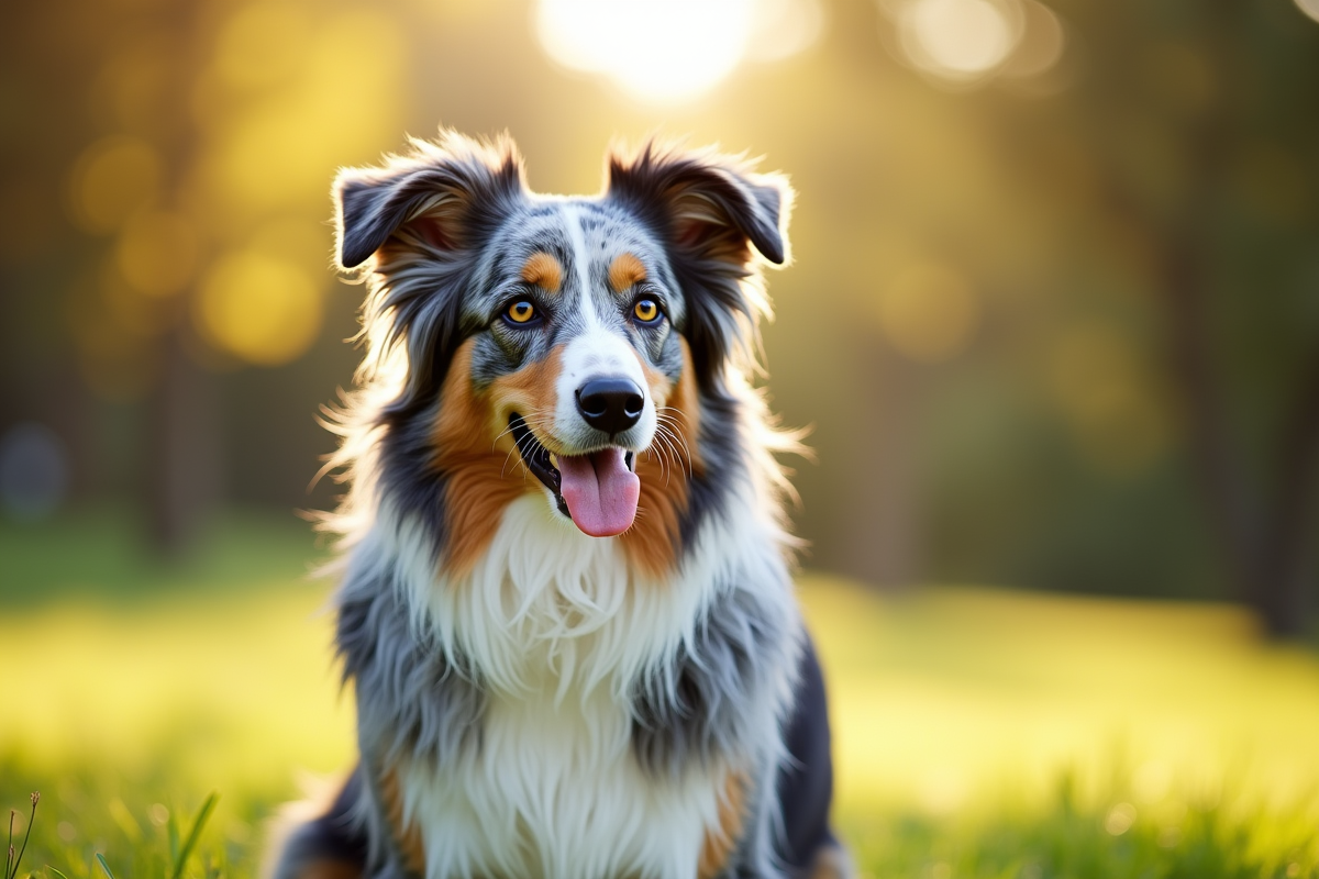Chien berger australien bleu merle en plein soleil dans un parc