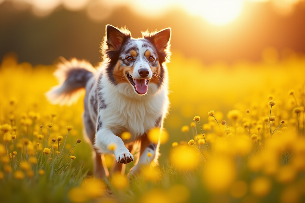 Chien berger australien bleu merle courant dans un champ de fleurs