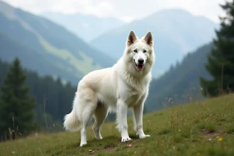 Berger Suisse Blanc debout dans un pré alpin, montrant son pelage blanc épais caractéristique