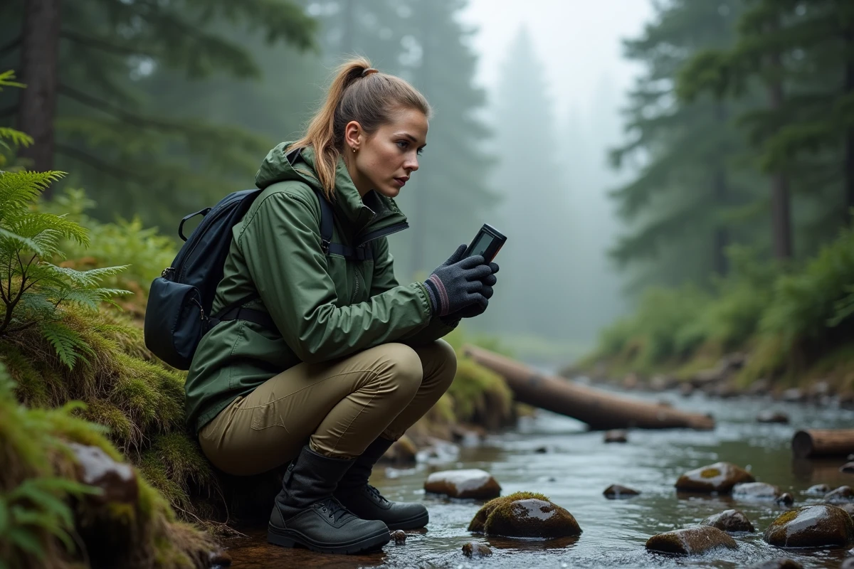 Biologiste en forêt examinant un traceur GPS