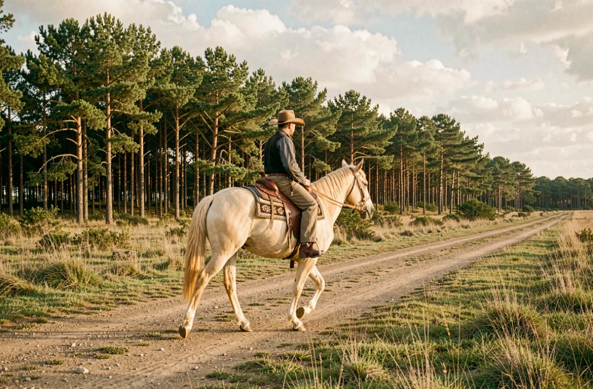 Cavalier western sur un cheval palomino longeant la lisière d'une forêt landaise au Blue Shade Ranch