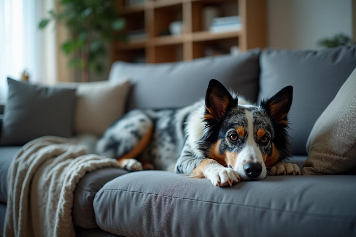 Border Collie Bleu Merle allongé seul sur un canapé gris dans un salon calme, exprimant l'ennui en l'absence de son maître