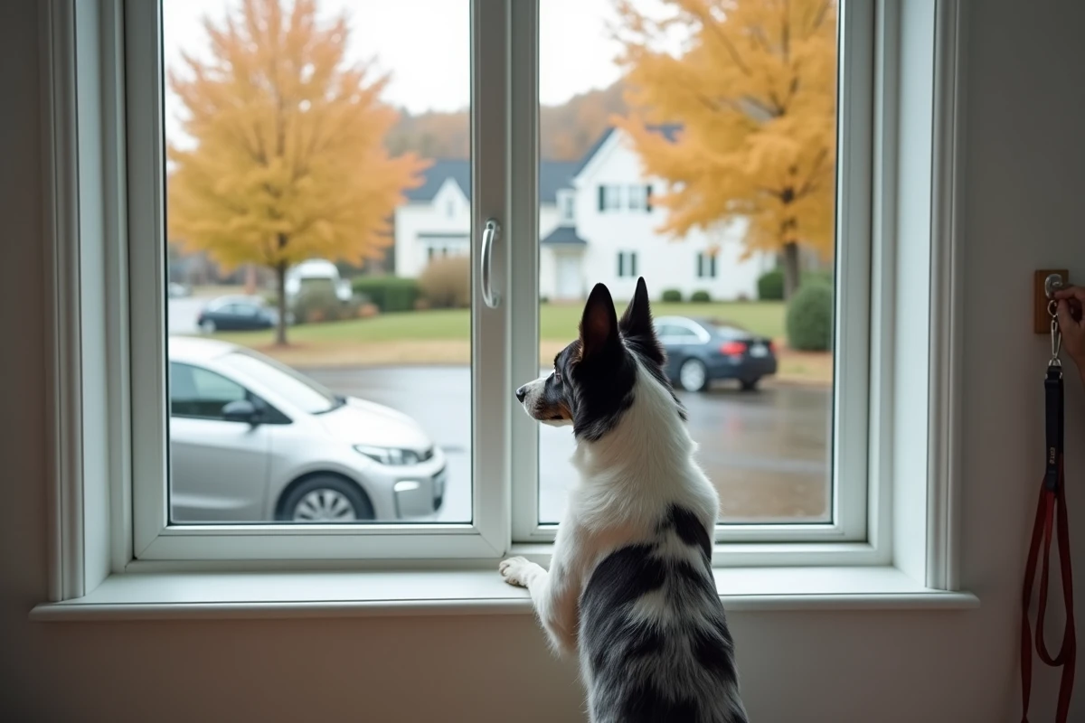Border Collie Bleu Merle regardant par la fenêtre en attendant le retour de son propriétaire, pattes posées sur le rebord
