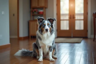 Border Collie Bleu Merle assis seul devant la porte d'entrée d'un appartement, regardant vers la sortie avec une expression attentive