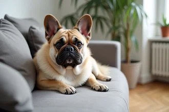 Bouledogue français à poil long allongé sur un canapé en lin gris dans un appartement moderne