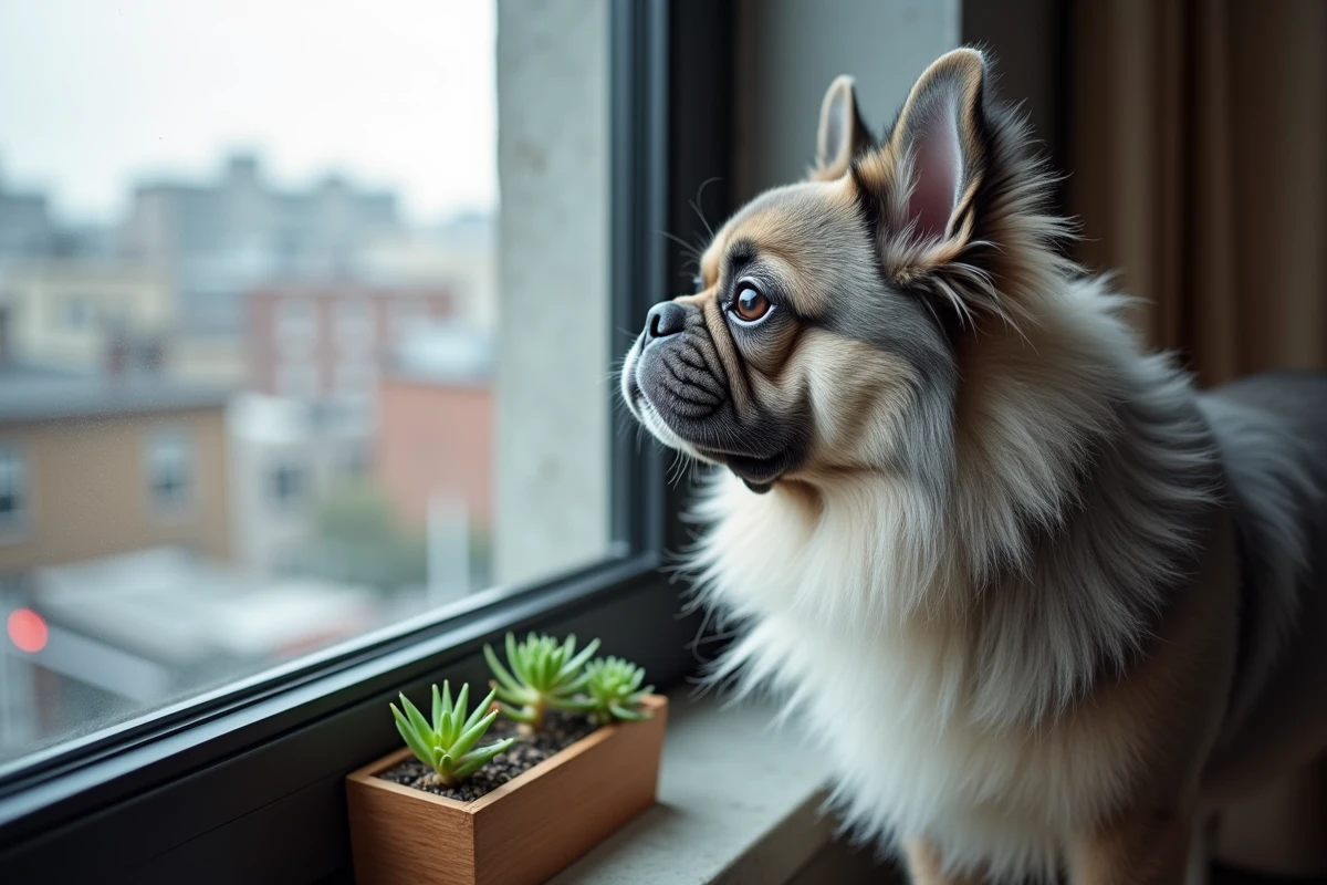Bouledogue français à poil long regardant par la fenêtre d'un appartement en ville