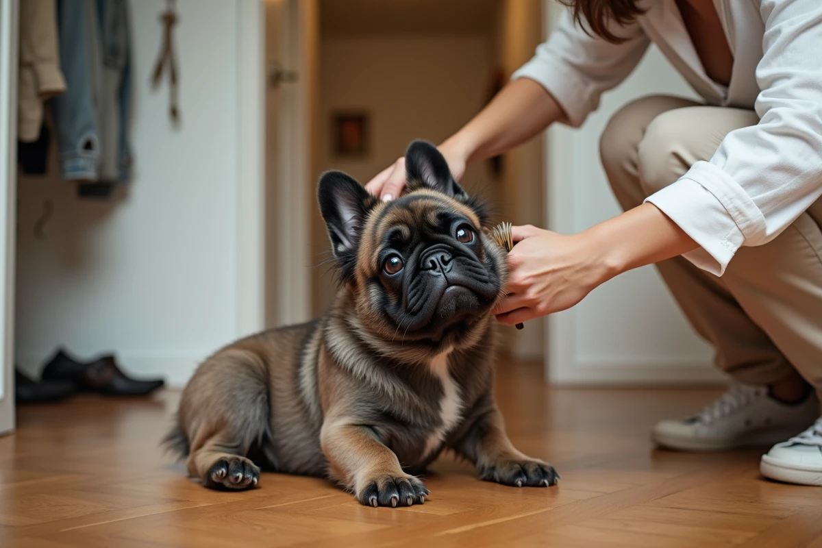 Femme qui brosse son bouledogue français à poil long dans le couloir d'un appartement