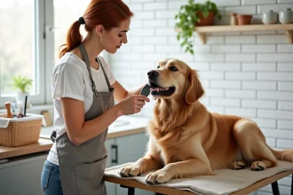 Femme brossant un golden retriever poilu sur une table de toilettage dans une buanderie domestique