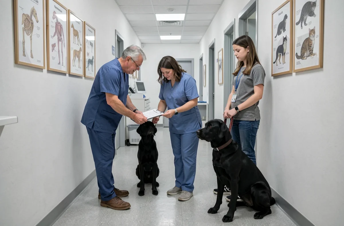 Deux vétérinaires en consultation de suivi avec une cliente et son chien au Cabinet Vétérinaire Mathet Laizeau Boissay