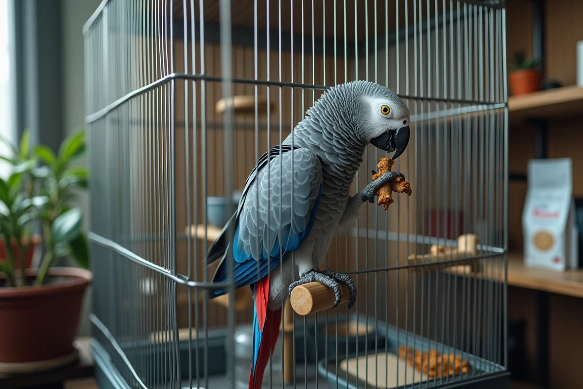 Grande cage bien équipée pour gris du Gabon bleu dans un bureau à domicile, avec perchoirs en bois, jouets d'enrichissement et accessoires de soin visibles à proximité