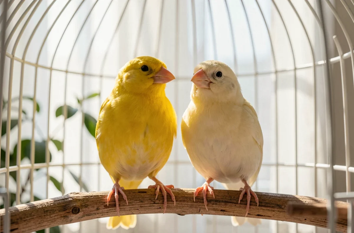 Canaris mâle et femelle côte à côte sur un perchoir pour illustrer les prénoms d'oiseaux