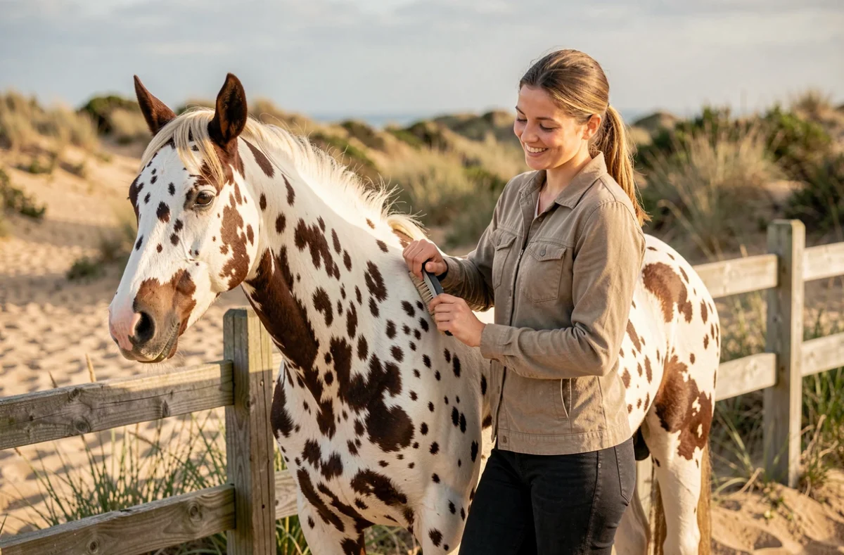 Jeune cavalière brossant son cheval appaloosa à la robe tachetée près d'une clôture en bois au Centre Équestre de Capbreton Appaloosa