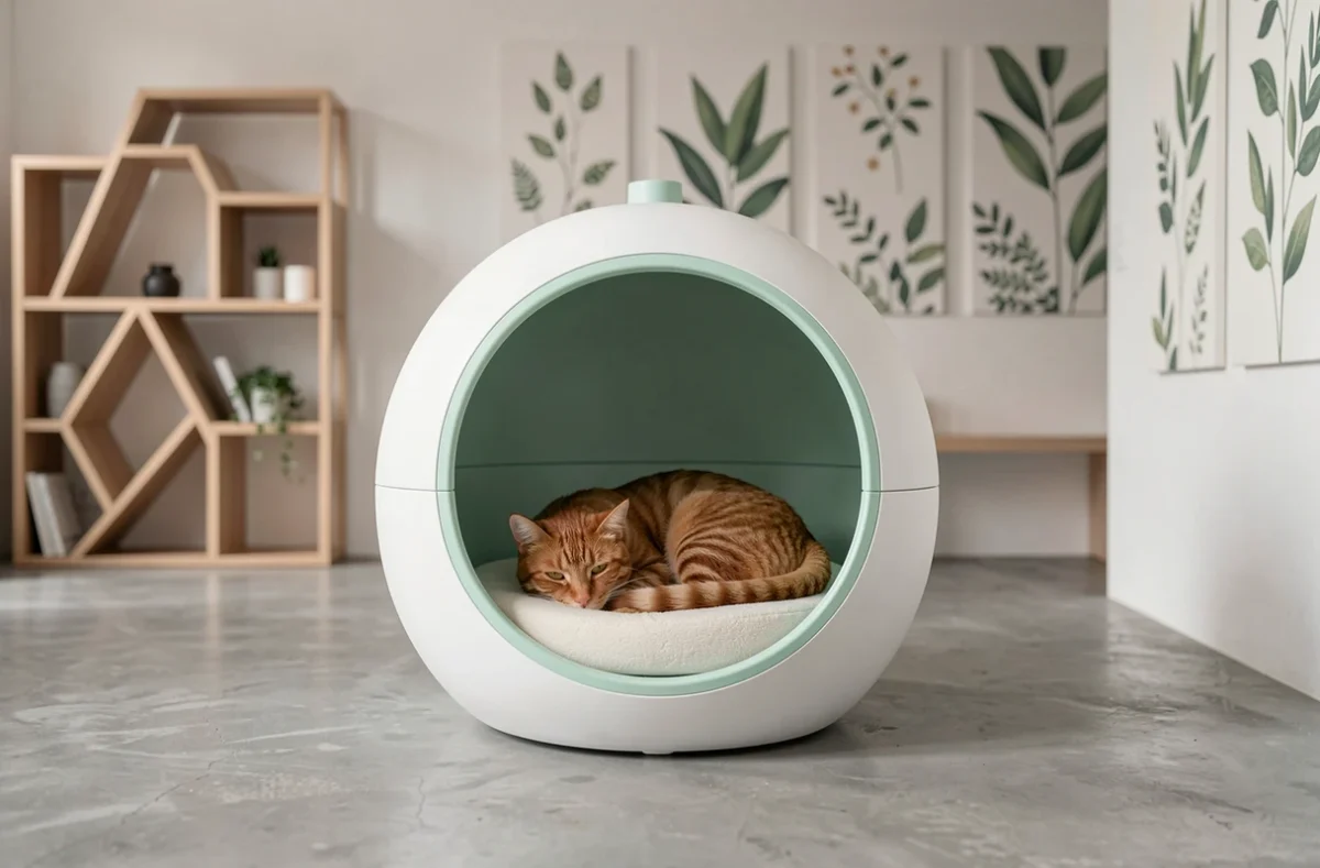 Un chat roux lové dans un pod capsule design de la pension Cat's Cocoon, avec une décoration minimaliste en blanc et vert menthe