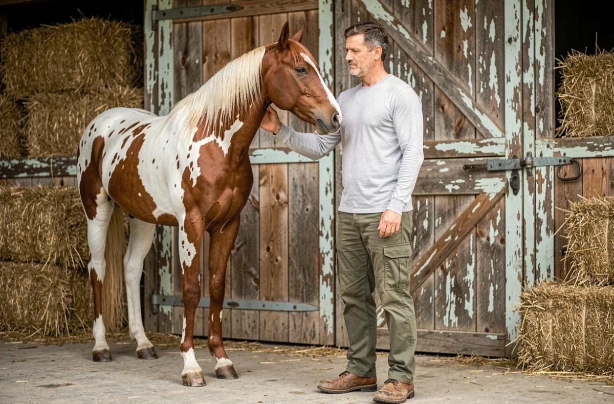 Cavalier intermédiaire créant un lien de confiance avec son cheval appaloosa devant une écurie rustique