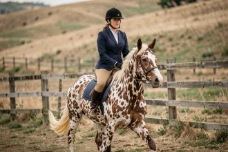 Cavalière expérimentée montant un cheval appaloosa à robe léopard dans un manège extérieur en plein air