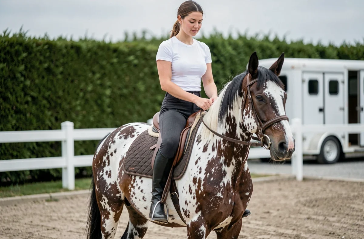 Jeune cavalière de compétition préparant son appaloosa à l'entrée d'un carrière de concours équestre