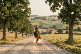 Cavalier sur un cheval alezan galopant dans un paysage équestre typique de Nouvelle-Aquitaine, avec collines verdoyantes et ferme en pierre