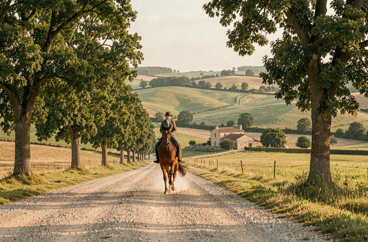 Cavalier sur un cheval alezan galopant dans un paysage équestre typique de Nouvelle-Aquitaine, avec collines verdoyantes et ferme en pierre