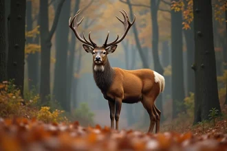 Cerf élaphe adulte avec bois imposants en forêt automnale, permettant l'identification sur le terrain