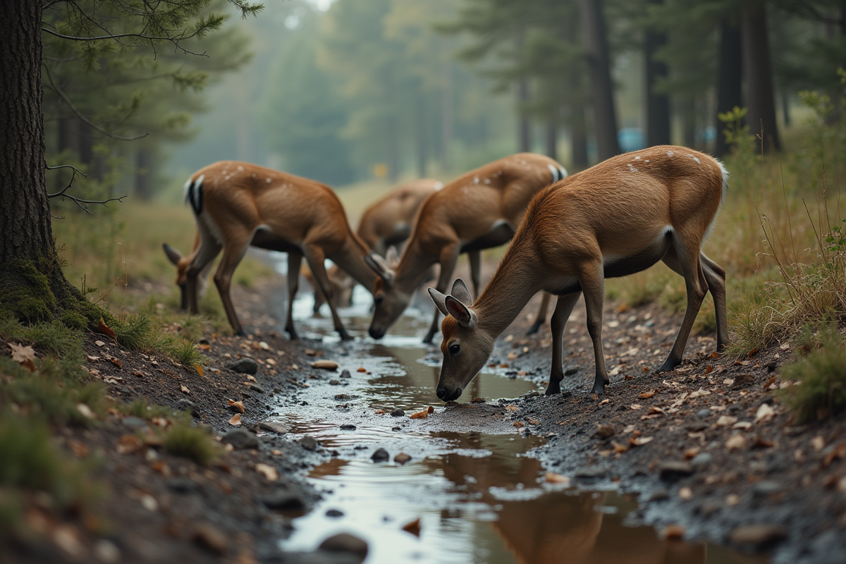 Cerfs broutant près d