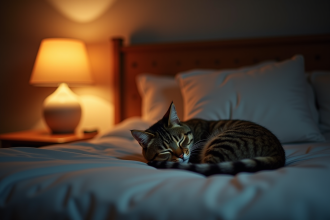 Chambre cosy de nuit avec chaton endormi paisiblement